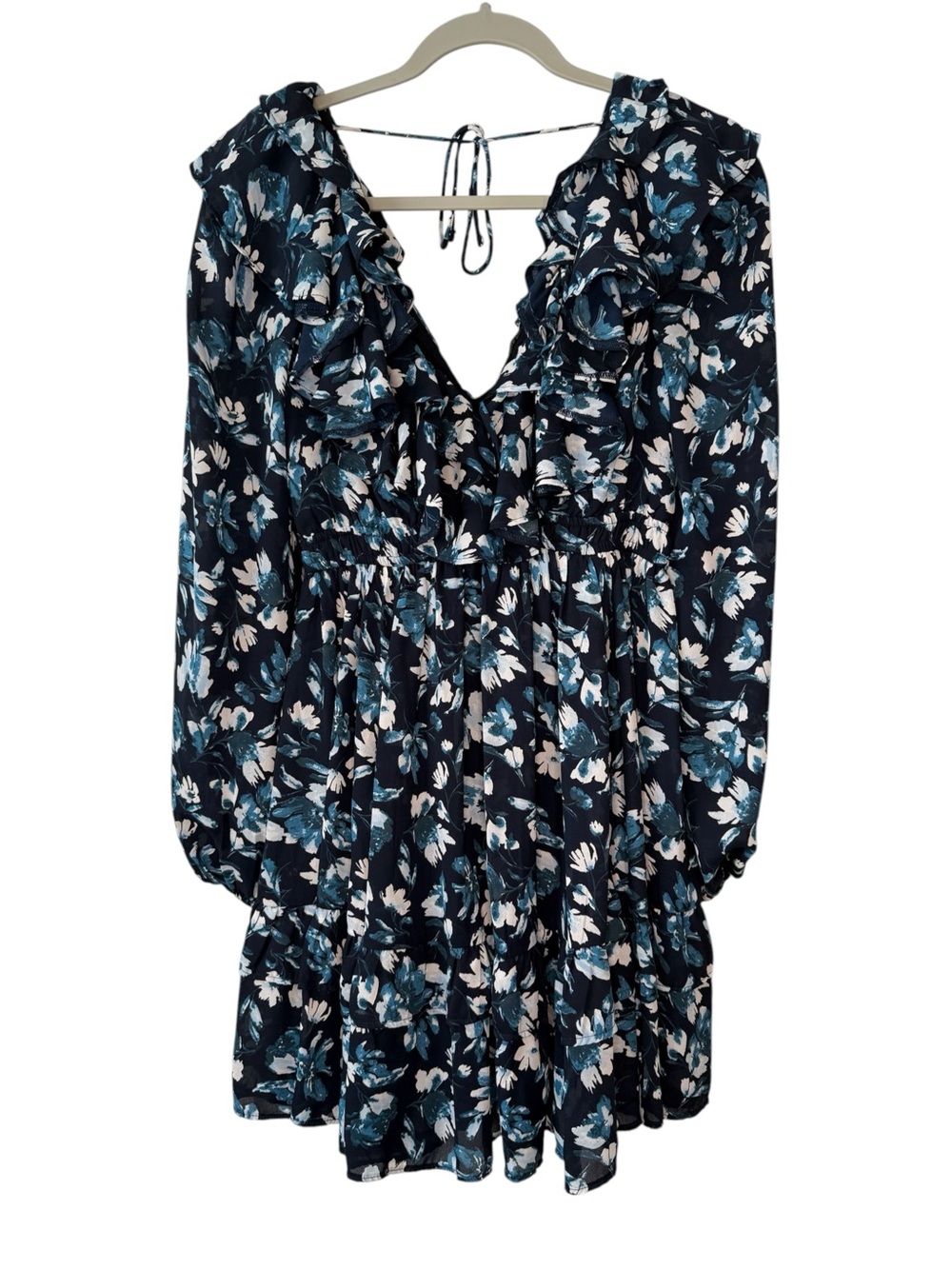 Abercrombie & Fitch Navy Floral Ruffle V-Neck Long Sleeve Dress Size XS Tall NWT